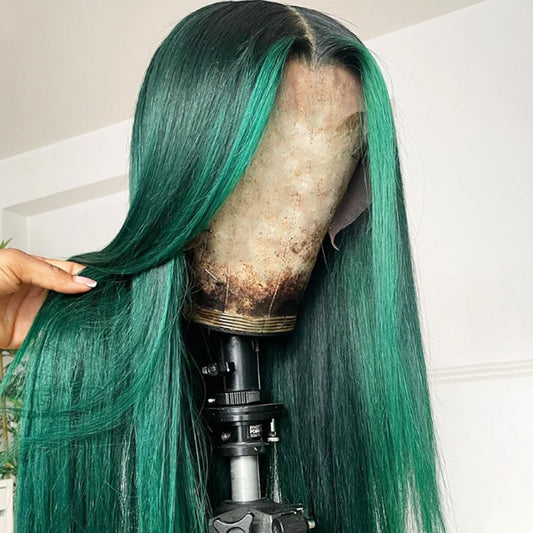 Customized Wig Highlight Emerald Green Colored 180% Bone Straight 13x4 Lace Frontal Wigs Human Hair Pre Plucked 4x4 Closure Wigs For Women