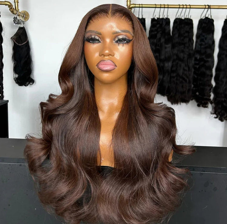 ShowReal Chocolate Brown Lace Front Wigs Body Wave Brazilian Colored 30 Inch 13x4 Brown Lace Frontal Wig 100% Human Hair Wigs Pre Plucked 180% Density