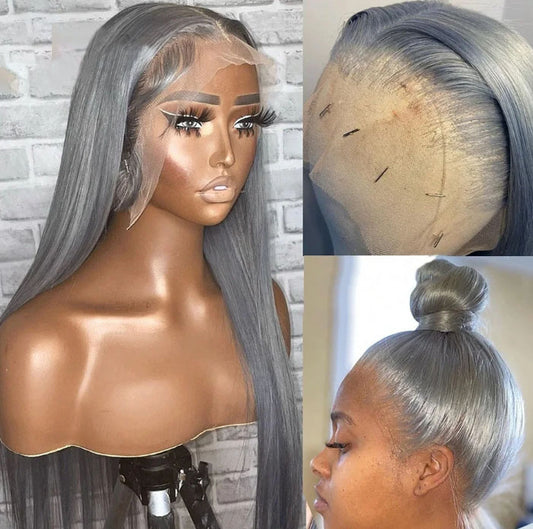 ShowReal Silver Gray Straight Human Hair Wigs 13x4 HD Transparent Straight Lace Frontal Wig Human Hair Lace Front Wigs For Wowen 180% Density