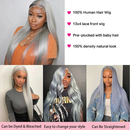 ShowReal Silver Gray Straight Human Hair Wigs 13x4 HD Transparent Straight Lace Frontal Wig Human Hair Lace Front Wigs For Wowen 180% Density
