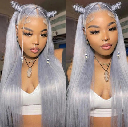 ShowReal Silver Gray Straight Human Hair Wigs 13x4 HD Transparent Straight Lace Frontal Wig Human Hair Lace Front Wigs For Wowen 180% Density