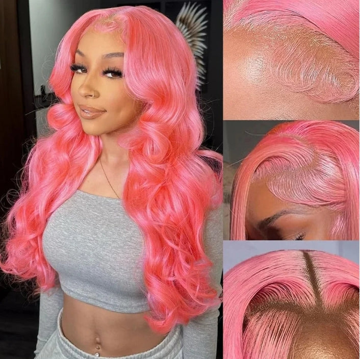 Customized Wig 32 Inch Pink 13x4 HD Lace Front Wig Human Hair Body Wave 13x6 Hd Lace Frontal Wigs for Women Light Pink Colored Wigs Pre Plucked Lace Wig for Black Women