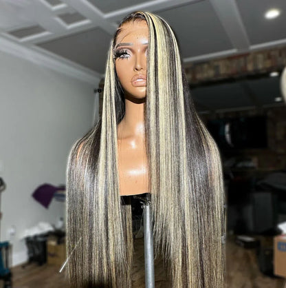 Customized Wig 1B/27 Highlight Straight Hair Body Wave 13x4 HD Lace Frontal Wigs Human Hair Brazilian High Density Ombre Blonde Colored Lace Front Wigs 180% Density Hair for Black Women