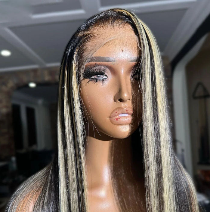 Customized Wig 1B/27 Highlight Straight Hair Body Wave 13x4 HD Lace Frontal Wigs Human Hair Brazilian High Density Ombre Blonde Colored Lace Front Wigs 180% Density Hair for Black Women