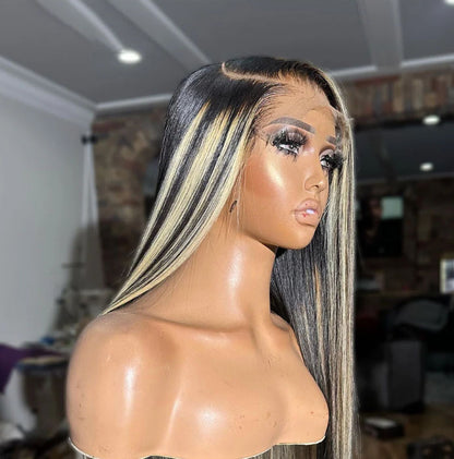 Customized Wig 1B/27 Highlight Straight Hair Body Wave 13x4 HD Lace Frontal Wigs Human Hair Brazilian High Density Ombre Blonde Colored Lace Front Wigs 180% Density Hair for Black Women