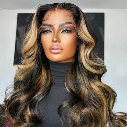 Customized Wig 1B/27 Highlight Straight Hair Body Wave 13x4 HD Lace Frontal Wigs Human Hair Brazilian High Density Ombre Blonde Colored Lace Front Wigs 180% Density Hair for Black Women