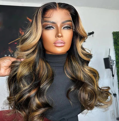 Customized Wig 1B/27 Highlight Straight Hair Body Wave 13x4 HD Lace Frontal Wigs Human Hair Brazilian High Density Ombre Blonde Colored Lace Front Wigs 180% Density Hair for Black Women