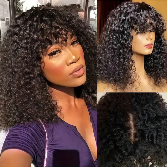 ShowReal Short Curly Human Hair Wigs Black Color Brazilian Remy Hair WIgs With Bangs Full Machine Made #4 Color 200% Density Wigs For Black Women Colored 99J