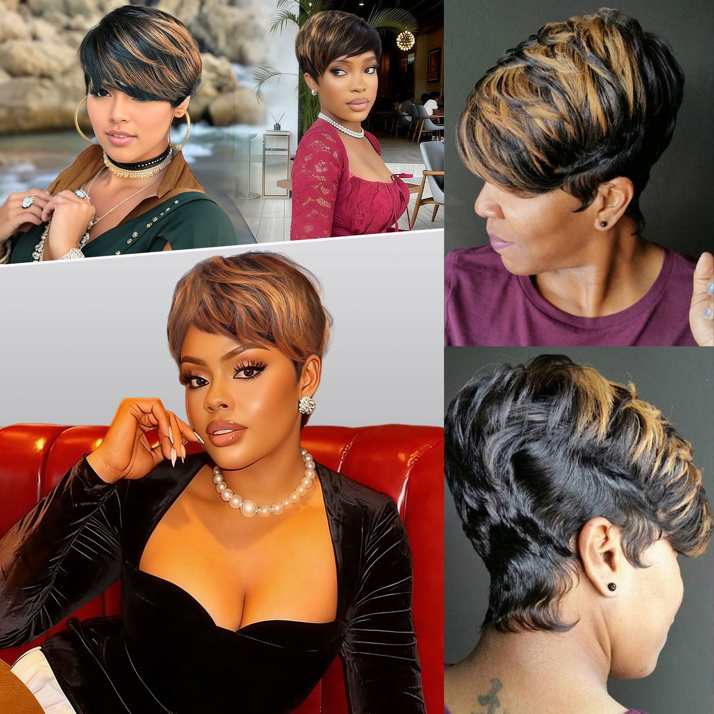 Short Pixie Cut Wig Human Hair 1B/30 Colored Wig with Bangs Full Machine Glueless Wig(9149-1B30)