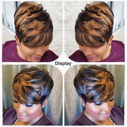 Short Pixie Cut Wig Human Hair 1B/30 Colored Wig with Bangs Full Machine Glueless Wig(9149-1B30)
