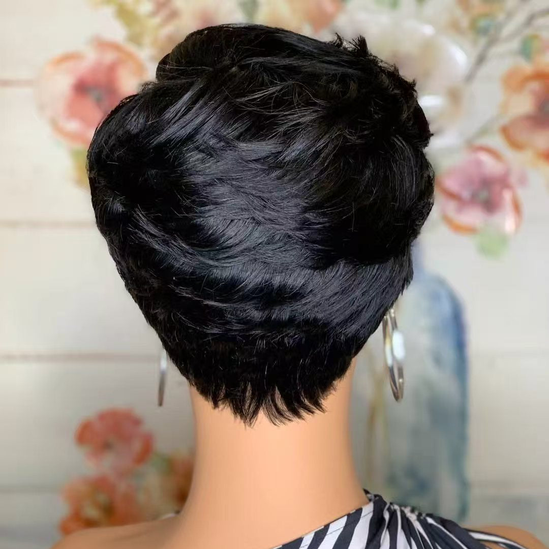 ShowReal Short Pixie Cut Wig Brazilian Virgin Human Hair With Bangs Full Machine Ready To Go Glueless Wig(0516-1B)