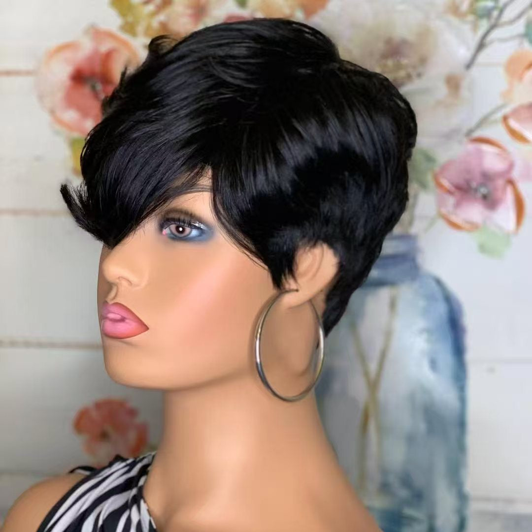 ShowReal Short Pixie Cut Wig Brazilian Virgin Human Hair With Bangs Full Machine Ready To Go Glueless Wig(0516-1B)
