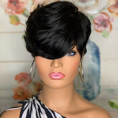 ShowReal Short Pixie Cut Wig Brazilian Virgin Human Hair With Bangs Full Machine Ready To Go Glueless Wig(0516-1B)