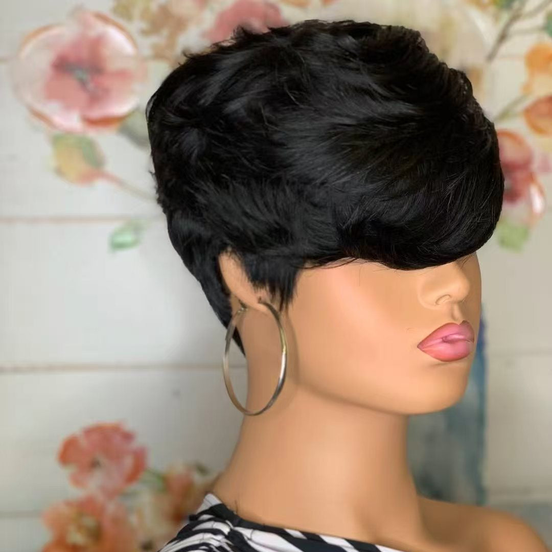 ShowReal Short Pixie Cut Wig Brazilian Virgin Human Hair With Bangs Full Machine Ready To Go Glueless Wig(0516-1B)