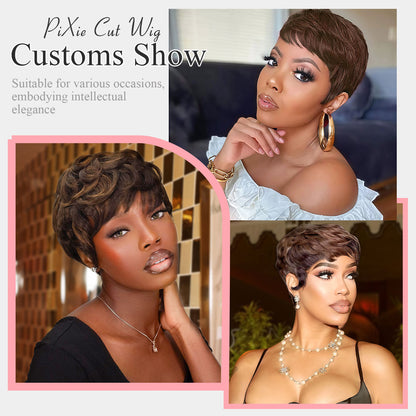 Showreal Pixie Cut Wigs Human Hair for Black Women #4 Short Pixie Cut Wigs 100% Real Human Hair Lightweight Glueless Layered Pixie Wig(036-4)