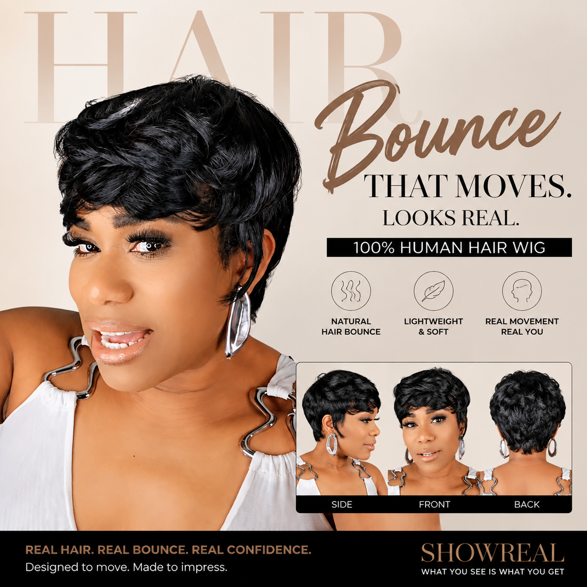 Hair Bounce！Showreal 0501 Bowl Cut Pixie Cut Human Hair Wigs for Black Women (0501)