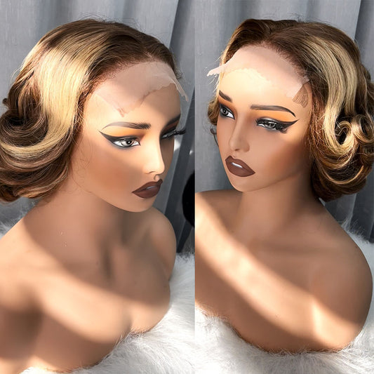 Customized Wig 13x4 Lace Front Wig Short Bob Style 4/27 Pre Plucked Loose Wave Curly Human Hair Wig 12 Inches for Women Girls