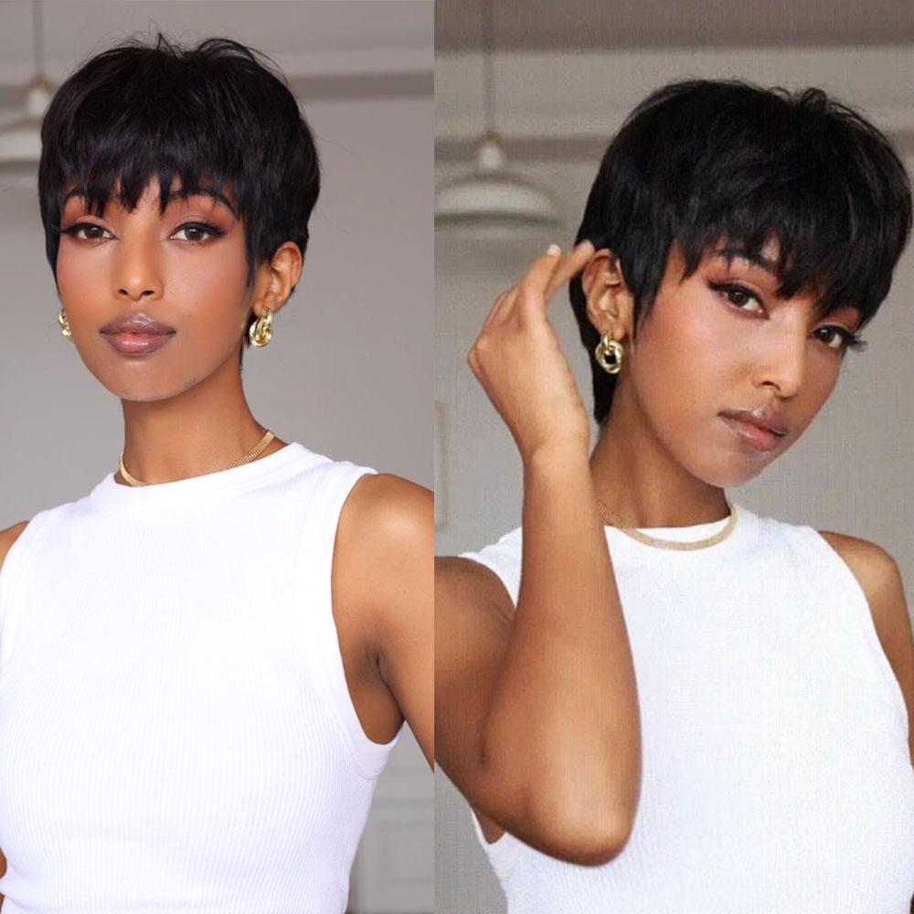 ShowReal Short Straight Pixie Cut Human Hair Wig with Bangs Natural Looking Gorgeous Fluffy Human Hair Wigs for Women Human Hair Full Machine Wigs for Party, Daily Use