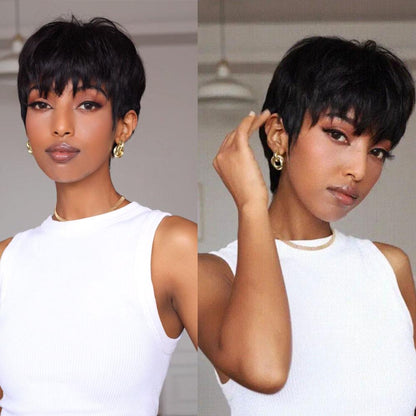 ShowReal Short Straight Pixie Cut Human Hair Wig with Bangs Natural Looking Gorgeous Fluffy Human Hair Wigs for Women Human Hair Full Machine Wigs for Party, Daily Use
