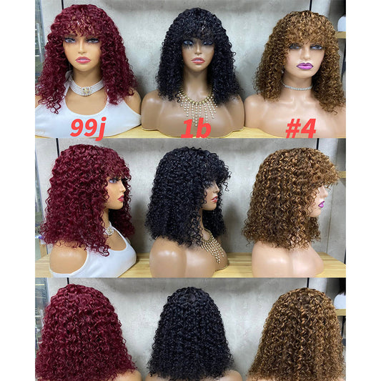 Customized Wig Short Curly Bob Wig Human Hair with Bangs 14 Inch Glueless Bob Wigs for Black Women 180% Density Brazilian Bob Wig with Bangs