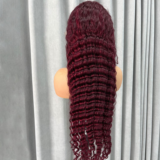 99J Burgundy 13X4 Lace Frontal Human Hair Wigs 13X4 Transparent Deep Wave Pre-Plucked Lace Front And Closure Wigs Human Hair For Women