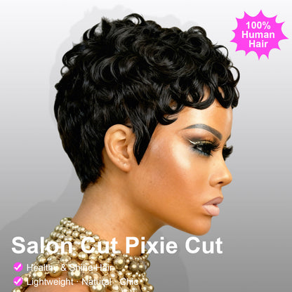 Showreal Pixie Cut Wigs Human Hair for Black Women Short Pixie Cut Wigs 100% Real Human Hair Lightweight Glueless Natural Black Layered Pixie Wig(025-1B)