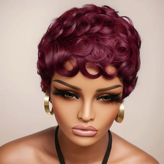 Showreal 99j Pixie Wigs Pixie Cut Curly Wig for Black Women Pixie Cut Human Hair Wig Glueless Wigs Full Machine Made (025-99J)