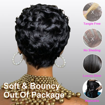 Showreal Pixie Cut Wigs Human Hair for Black Women Short Pixie Cut Wigs 100% Real Human Hair Lightweight Glueless Natural Black Layered Pixie Wig(025-1B)