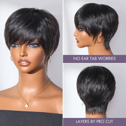 Showreal Pixie Cut Wigs Human Hair for Black Women Short Pixie Cut Wigs 100% Real Human Hair Lightweight Glueless Natural Black Layered Pixie Wig(036-1B)