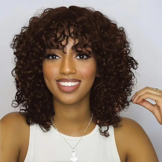 ShowReal Curly Human Hair Wigs With Bangs Curly Bob Wigs 200% Density Virgin Human Hair Full Machine Made Wig For Black Women（M12）