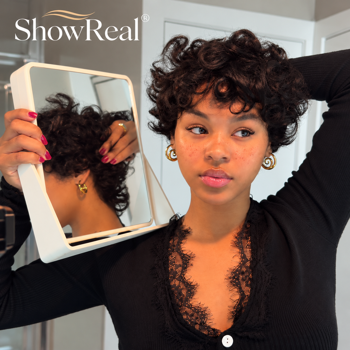 ShowReal 025 Pixie Cut Wig – As Seen on tay_kaedence, Betty Boop Style, 100% Human Hair, Curly or Straight Glueless Wig (025-1B)