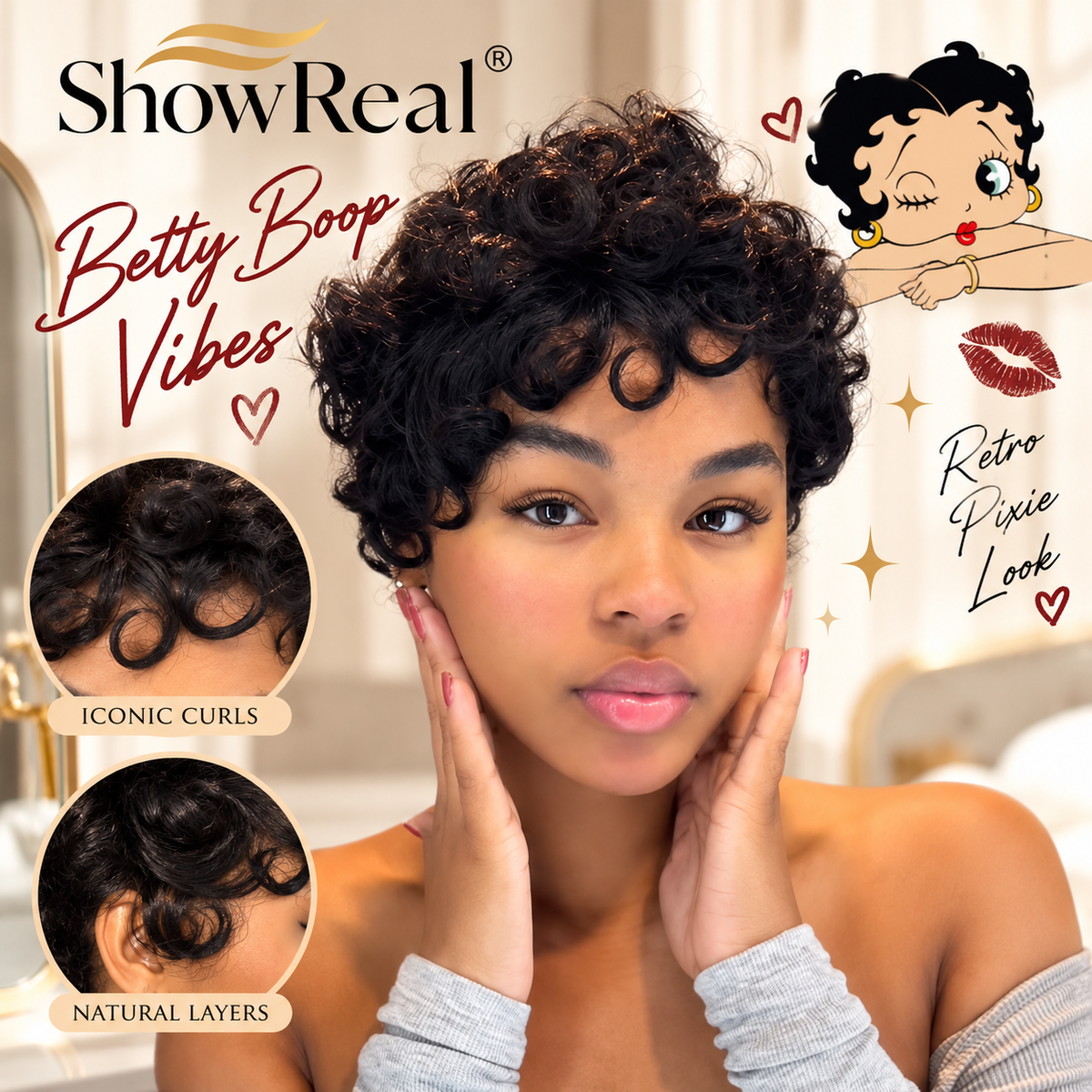 ShowReal 025 Pixie Cut Wig – As Seen on tay_kaedence, Betty Boop Style, 100% Human Hair, Curly or Straight Glueless Wig (025-1B)
