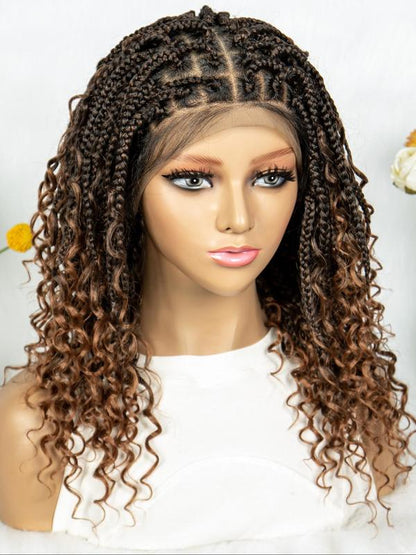 ShowReal 16 Inch Synthetic Full Lace Knotless Braided Wigs with Curly Ends for Black Women Handmade Braiding Wigs with Baby Hair Synthetic Braid Hair Gorgeous Fluffy Wigs with Baby Hair Bangs Synthetic Braided Full Lace Wigs