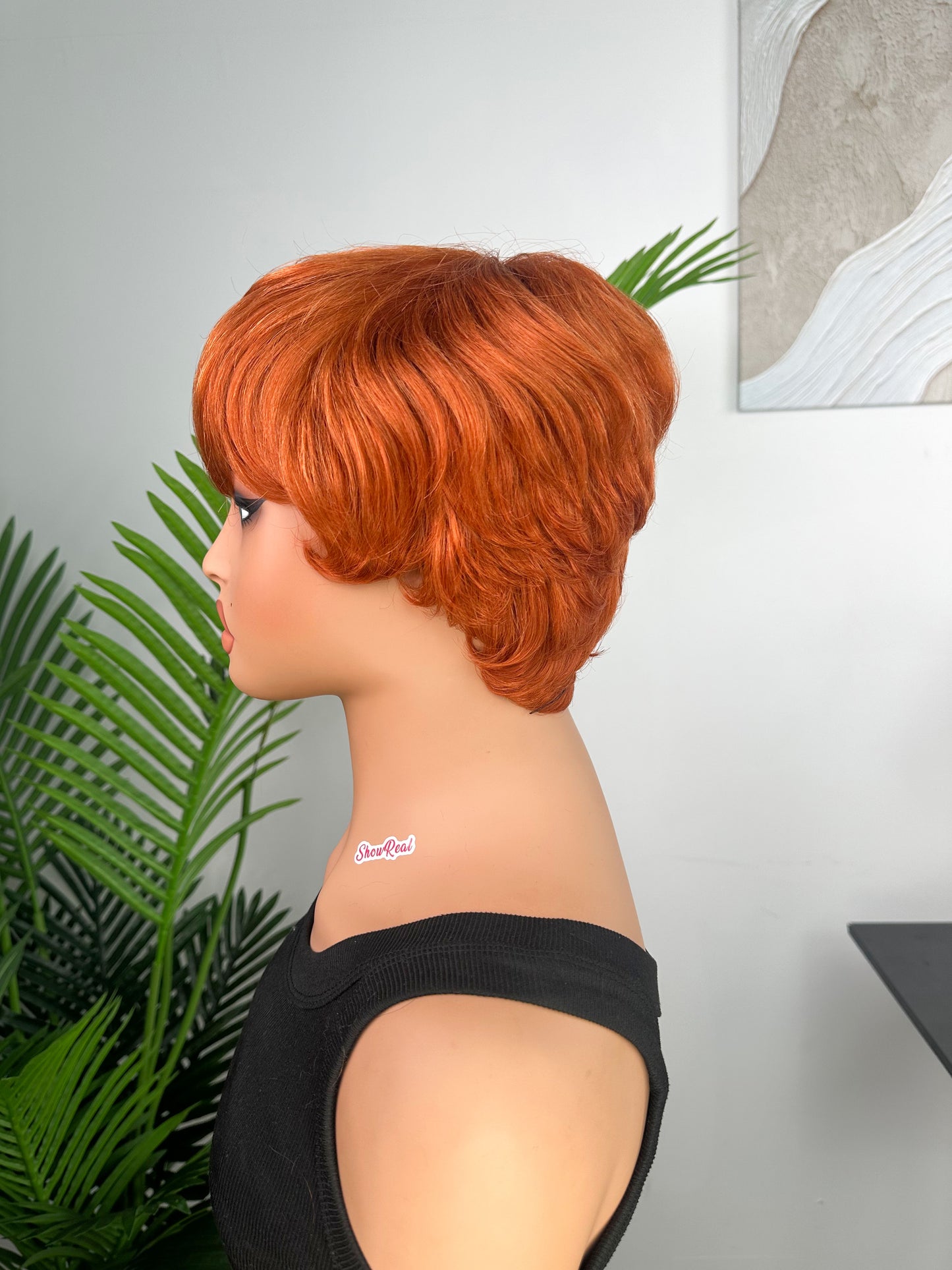 Showreal Pixie Cut Wigs Human Hair Ginger Short Pixie Cut Wigs 100% Real Human Hair Lightweight Glueless Natural Black Layered Pixie Wig(036-350)