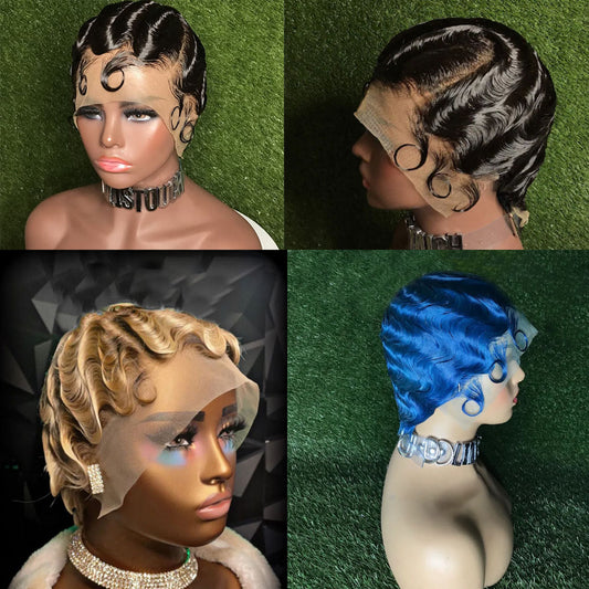 Customized Wig 13x4 Spit Short Finger Wave Wig Human Hair Wig For Women Short Ocean Wave Wig Pride Wave Lace Front Wig Short Pixie Wigs for Woman Natural Color