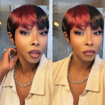 Pixie Cut Wig Human Hair Wigs For Black Women 1B/99J Short Pixie Cut Human Hair Wigs With Bangs Full Machine Made Human Hair(089-1B99J)