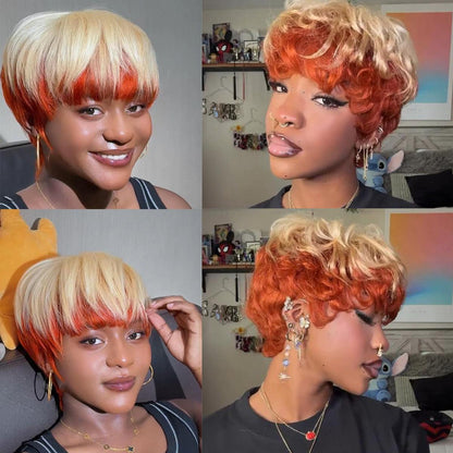 Blonde Pixie Cut Wig Human Hair Wigs For Black Women Short Pixie Cut Human Hair Wigs With Bangs Virgin Human Hair(001-613/350)