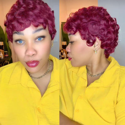 Showreal 99j Pixie Wigs Pixie Cut Curly Wig for Black Women Pixie Cut Human Hair Wig Glueless Wigs Full Machine Made (025-99J)