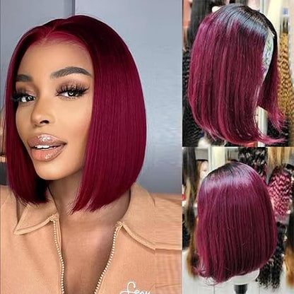 350 Ginger Color Bob Wig Human Hair Straight Short Bob Lace Front Wigs Human Hair 13x4 Transparent Full Lace Frontal Bob Wigs for Black Women Human Hair Pre Plucked Ombre Burgundy Color 180% Density