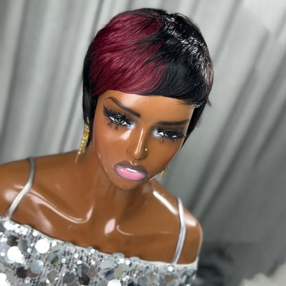 Pixie Cut Wig Human Hair Wigs For Black Women 1B/99J Short Pixie Cut Human Hair Wigs With Bangs Full Machine Made Human Hair(089-1B99J)
