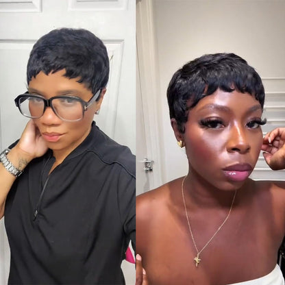 Pixie Cut  Human Hair Wig Short Pixie Cut Wigs for Black Women Short Layered Curly Wigs Glueless (9047-1B)