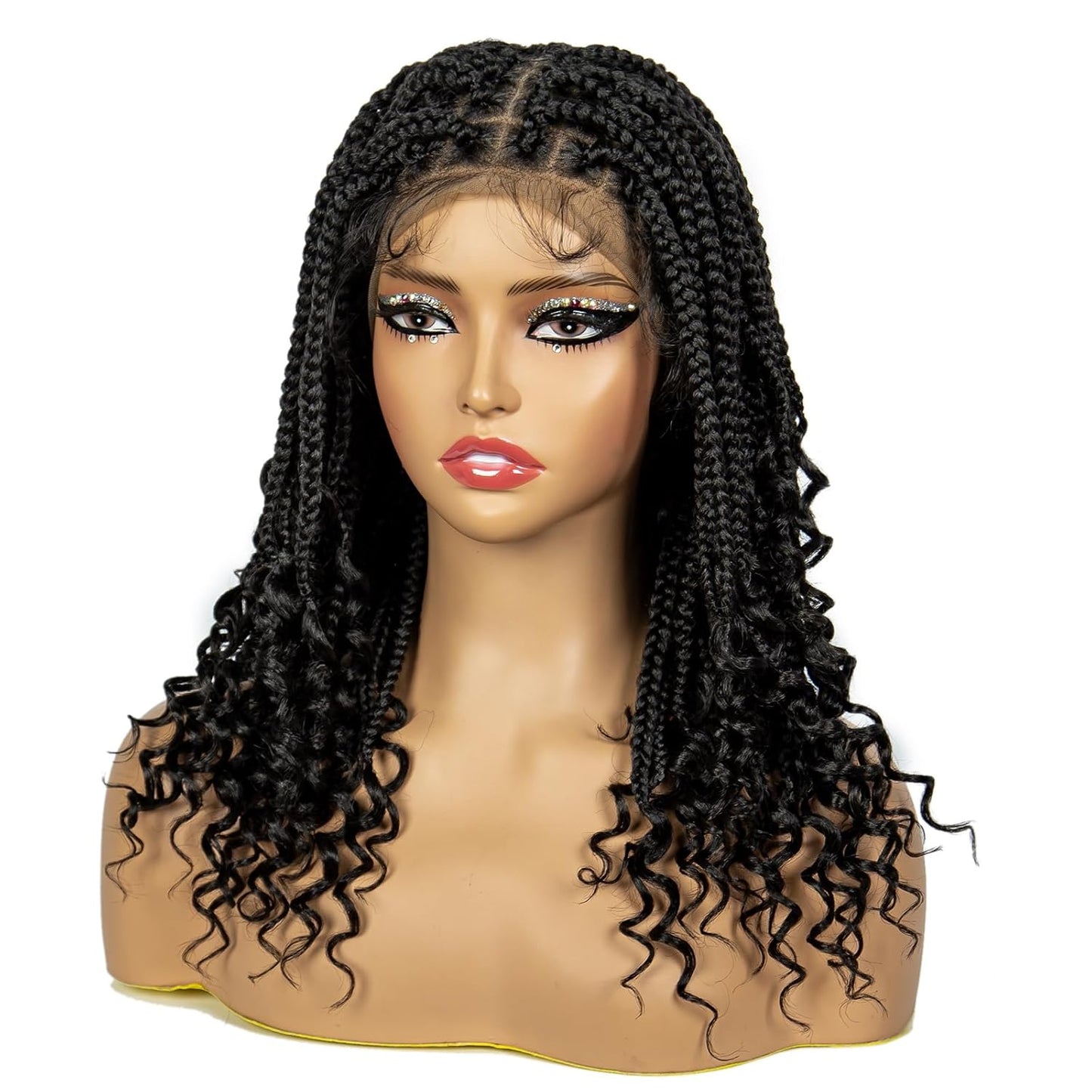 ShowReal 16 Inch Synthetic Full Lace Knotless Braided Wigs with Curly Ends for Black Women Handmade Braiding Wigs with Baby Hair Synthetic Braid Hair Gorgeous Fluffy Wigs with Baby Hair Bangs Synthetic Braided Full Lace Wigs