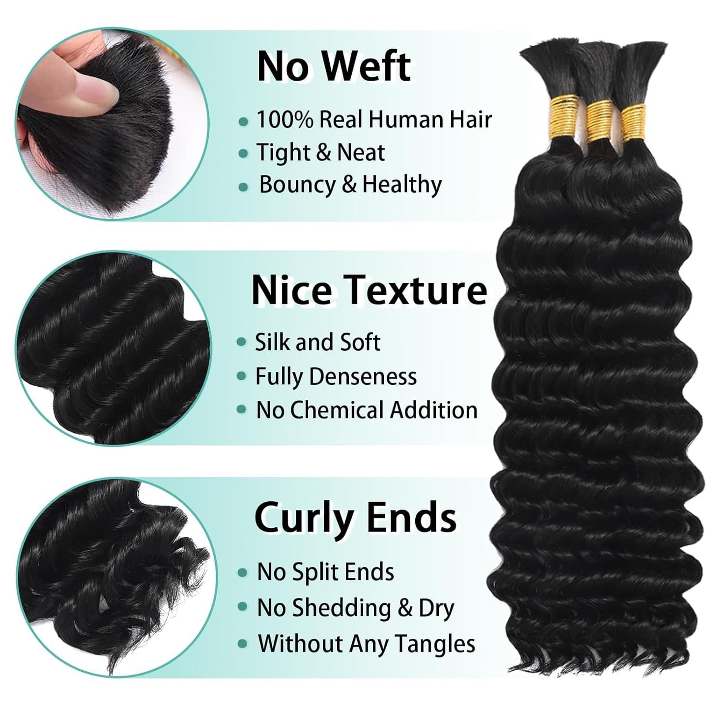 ShowReal 16 18 20 22 inch Human Braiding Hair for Boho Braids Human Hair 110g  10A Deep Wave Bulk Bohemian 3 Bundles/Pac Curly Boho Hair for Braiding Knotlessk Natural Color