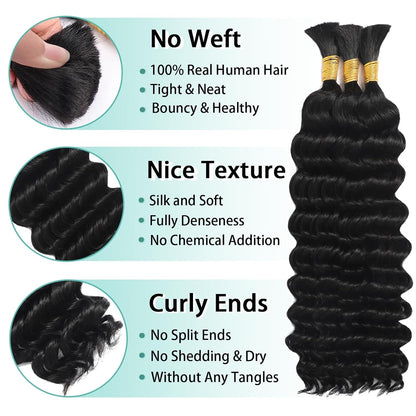 ShowReal 16 18 20 22 inch Human Braiding Hair for Boho Braids Human Hair 110g  10A Deep Wave Bulk Bohemian 3 Bundles/Pac Curly Boho Hair for Braiding Knotlessk Natural Color