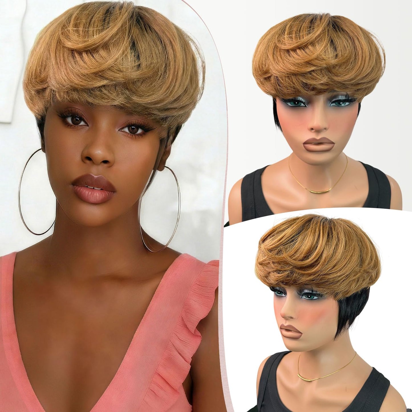 Showreal Bowl Cut Pixie Cut Wigs Human Hair for Black Women Pixie Cut Human Hair Wig Glueless Wigs Full Machine Made (Bowl Cut0501-TB30))