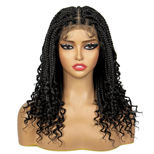 ShowReal 16 Inch Synthetic Full Lace Knotless Braided Wigs with Curly Ends for Black Women Handmade Braiding Wigs with Baby Hair Synthetic Braid Hair Gorgeous Fluffy Wigs with Baby Hair Bangs Synthetic Braided Full Lace Wigs
