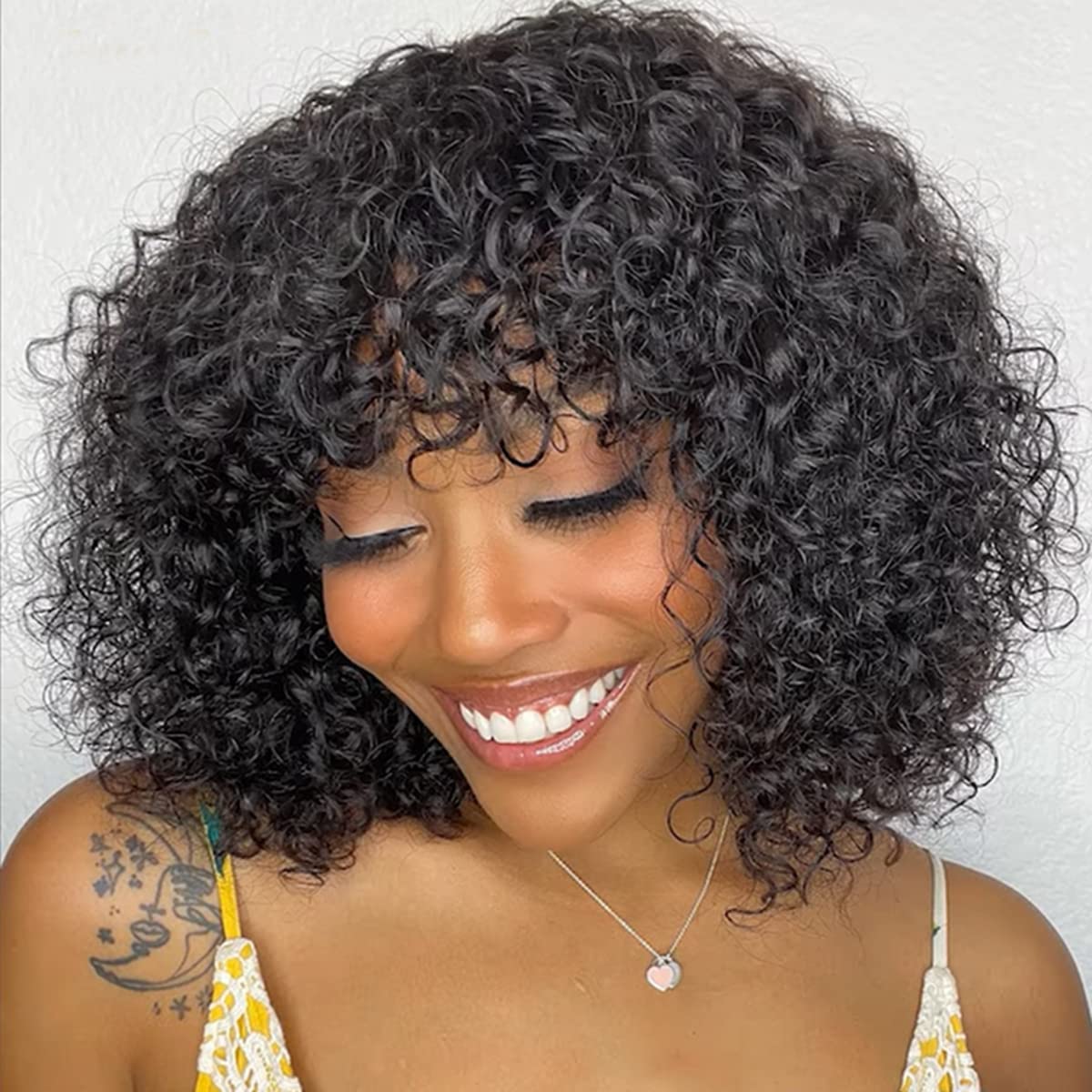 ShowReal Curly Human Hair Wigs With Bangs Curly Bob Wigs 200% Density Virgin Human Hair Full Machine Made Wig For Black Women Brazilian Curly Bob Wigs Natural Color 12 Inch 14 Inch