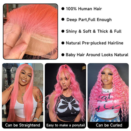 Customized Wig 32 Inch Pink 13x4 HD Lace Front Wig Human Hair Body Wave 13x6 Hd Lace Frontal Wigs for Women Light Pink Colored Wigs Pre Plucked Lace Wig for Black Women