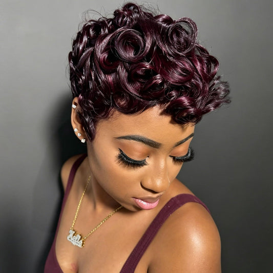 Showreal Hair Pixie Cut Wigs for Black Women With Bangs Glueless Layered Wigs（025-Plumberry）