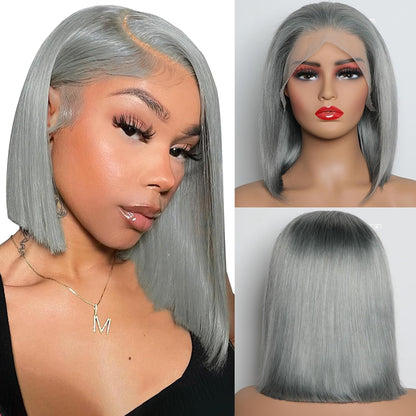 Customized Wig Grey Bob Wig Human Hair Glueless 13x4 Transparent Lace Bob Frontal Human Hair Wigs For Black Women 180% Density Pre Plucked Baby Hair Grey Short Bob Wig